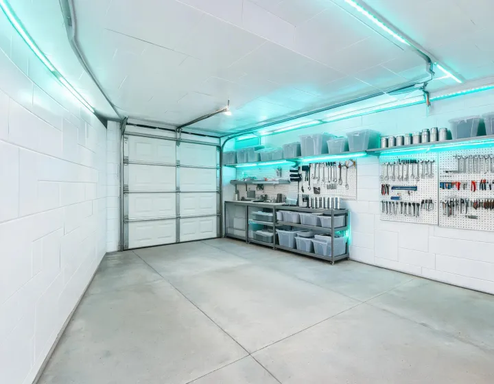 Trusscore PVC wall and ceiling panels installed in a finished residential garage