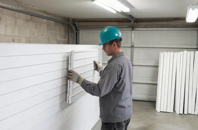 Installer snapping Trusscore PVC panels into tongue-and-groove joints