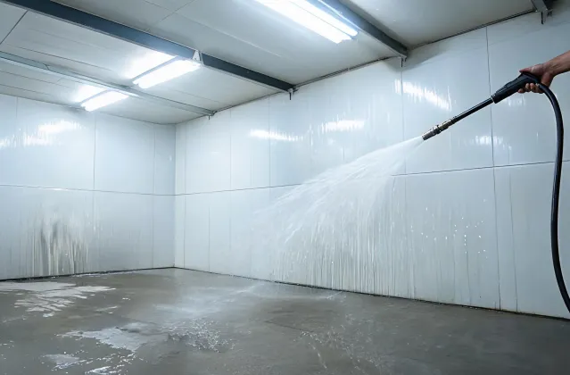Hose washing Trusscore panels in a commercial wash bay