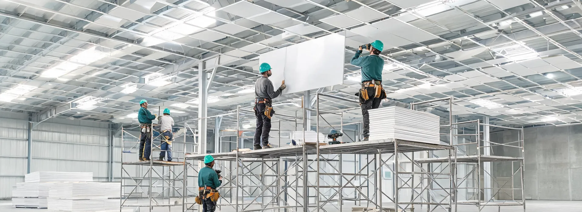 Trusscore installation training on a commercial shop ceiling